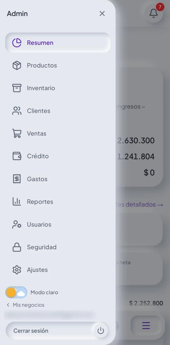 Menú de Fluxa Stock con las once secciones del sistema